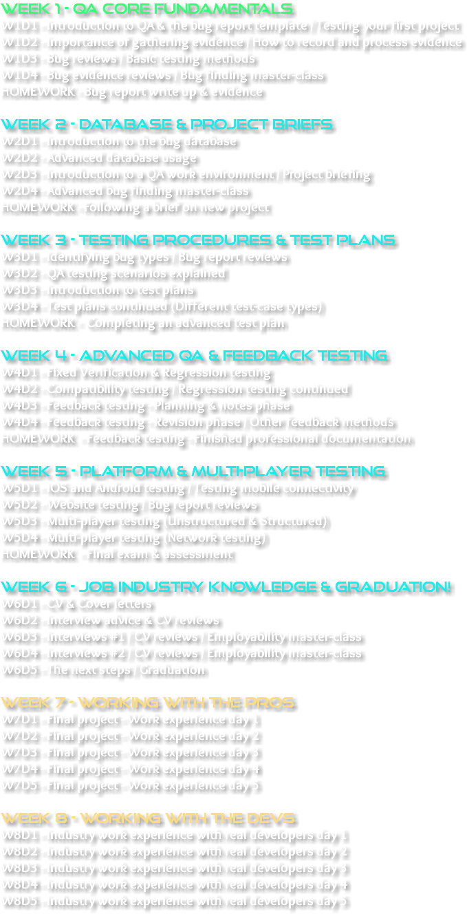 WEEK 1 - QA CORE FUNDAMENTALS W1D1 - Introduction to QA & the bug report template / Testing your first project W1D2 - Importance of gathering evidence / How to record and process evidence W1D3 - Bug reviews / Basic testing methods W1D4 - Bug evidence reviews / Bug finding master-class HOMEWORK - Bug report write up & evidence WEEK 2 - DATABASE & PROJECT BRIEFS W2D1 - Introduction to the bug database W2D2 - Advanced database usage W2D3 - Introduction to a QA work environment / Project briefing W2D4 - Advanced bug finding master-class HOMEWORK - Following a brief on new project WEEK 3 - TESTING PROCEDURES & TEST PLANS W3D1 - Identifying bug types / Bug report reviews W3D2 - QA testing scenarios explained W3D3 - Introduction to test plans W3D4 - Test plans continued (Different test-case types) HOMEWORK - Completing an advanced test plan WEEK 4 - Advanced QA & FEEDBACK TESTING W4D1 - Fixed Verification & Regression testing W4D2 - Compatibility testing / Regression testing continued W4D3 - Feedback testing - Planning & notes phase W4D4 - Feedback testing - Revision phase / Other feedback methods HOMEWORK - Feedback testing - Finished professional documentation WEEK 5 - Platform & Multi-player testing W5D1 - iOS and Android testing / Testing mobile connectivity W5D2 - Website testing / Bug report reviews W5D3 - Multi-player testing (Unstructured & Structured) W5D4 - Multi-player testing (Network testing) HOMEWORK - Final exam & assessment WEEK 6 - JOB INDUSTRY KNOWLEDGE & Graduation! W6D1 - CV & Cover letters W6D2 - Interview advice & CV reviews W6D3 - Interviews #1 / CV reviews / Employability master-class W6D4 - Interviews #2 / CV reviews / Employability master-class W6D5 - The next steps / Graduation WEEK 7 - WORKING WITH THE PROS W7D1 - Final project - Work experience day 1 W7D2 - Final project - Work experience day 2 W7D3 - Final project - Work experience day 3 W7D4 - Final project - Work experience day 4 W7D5 - Final project - Work experience day 5 WEEK 8 - Working with the DEVS W8D1 - Industry work experience with real developers day 1 W8D2 - Industry work experience with real developers day 2 W8D3 - Industry work experience with real developers day 3 W8D4 - Industry work experience with real developers day 4 W8D5 - Industry work experience with real developers day 5